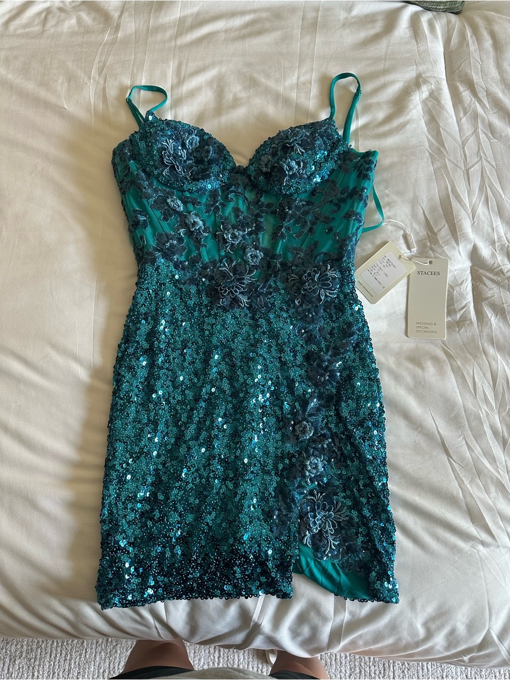 Stacee Teal Sequin Floral Mini Dress